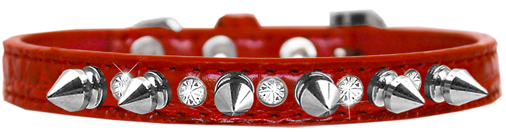 Silver Spike and Clear Jewel Croc Dog Collar Red Size 10